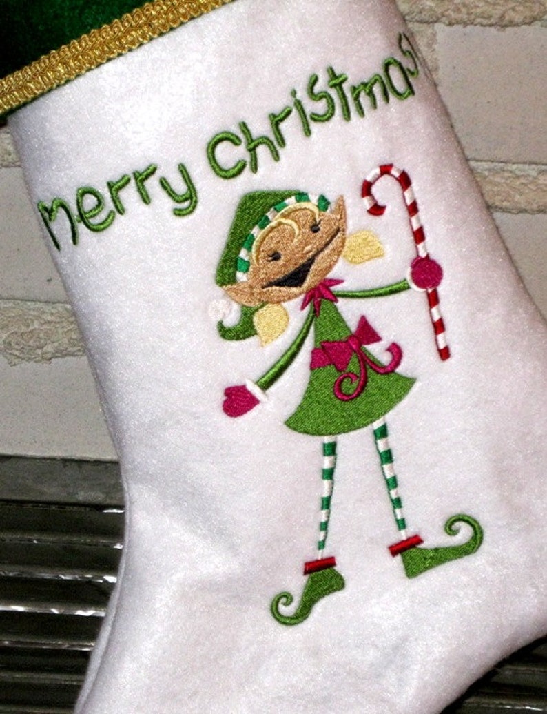 Children Christmas Stocking Felt handmade embroidered personalized Elf and Candy Cane
