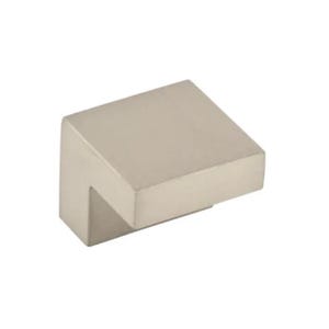 May include: A brushed nickel cabinet knob with a square shape and a slightly angled design.