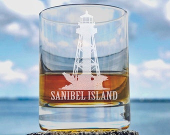 Sanibel Island Lighthouse Whiskey Glass, Rocks Glass, Scotch Glass, Low Ball Glass, Old Fashioned Bourbon Glass, Bourbon Neat Glass