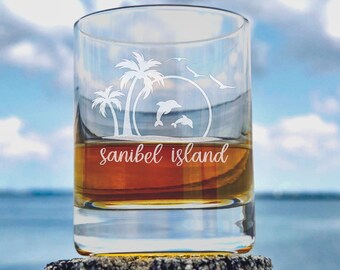 Sanibel Island Beach Dolphin Scene Whiskey Glass, Rocks Glass, Scotch Glass, Low Ball Glass, Old Fashioned Bourbon Glass