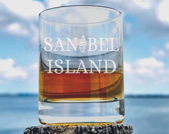 Sanibel Island Junonia Shell Whiskey Glass, Rocks Glass, Scotch Glass, Low Ball Glass, Old Fashioned Bourbon Glass