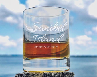 Sanibel Island Coordinates Whiskey Glass, Rocks Glass, Scotch Glass, Low Ball Glass, Old Fashioned Bourbon Glass