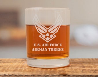 US Air Force Personalized Engraved Whiskey Glass, Military Retirement, Rocks Glass, Scotch Glass, Low Ball Glass, Old Fashioned Glass