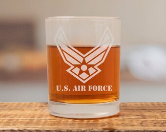 US Air Force Engraved Whiskey Glass, Military Retirement, Rocks Glass, Scotch Glass, Low Ball Glass, Old Fashioned Glass