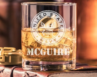 Personalized US Navy Whiskey Glass: Engraved Scotch Bourbon Glass