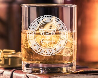 Navy Insignia Engraved Whiskey Glass, Rocks Glass, Scotch Glass, Low Ball Glass, Old Fashioned Bourbon Glass