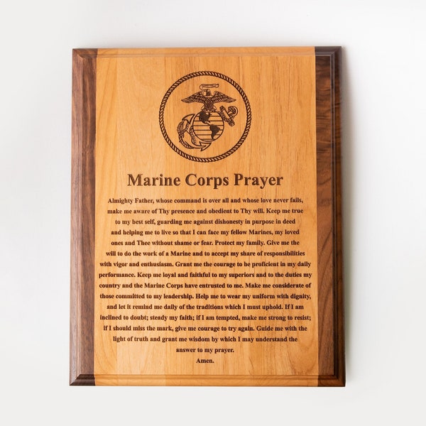 10.5 x 13 inch Engraved Marine Corps Prayer Two Tone Alder and Walnut Wood Plaque, USMC Gifts, Marine Corps Gifts