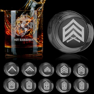 USMC Ranks Bottom Engraved Personalized Whiskey Glass, Rocks Glass, Scotch Glass, Low Ball Glass, Old Fashioned Bourbon Glass