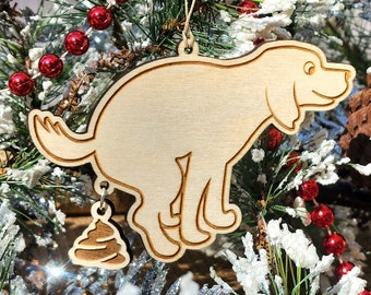 Pooping Dog Christmas Ornament: Laser Engraved Wooden Pooch