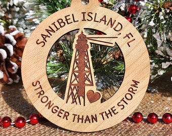 Sanibel Island Lighthouse Stronger Than The Storm Wooden Christmas Tree Ornament