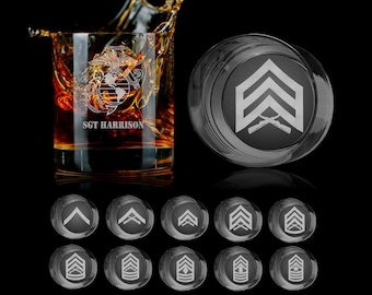 USMC Ranks Bottom Engraved Personalized Whiskey Glass, Rocks Glass, Scotch Glass, Low Ball Glass, Old Fashioned Bourbon Glass