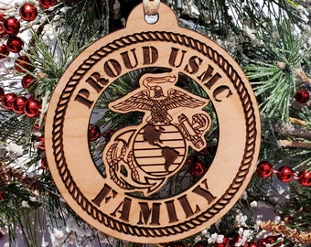 USMC Family Christmas Ornament: Engraved Cherry Wood Marine Corps Gift
