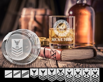Engraved Navy Ranks Whiskey Glass: Personalized Bourbon Scotch Glass