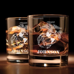 USMC Marine EGA Personalized Engraved Whiskey Glass, Military Retirement, Rocks Glass, Scotch Glass, Low Ball Glass, Old Fashioned Glass