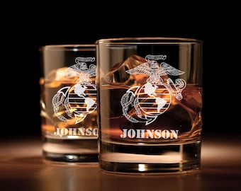 USMC Marine EGA Personalized Engraved Whiskey Glass, Military Retirement, Rocks Glass, Scotch Glass, Low Ball Glass, Old Fashioned Glass