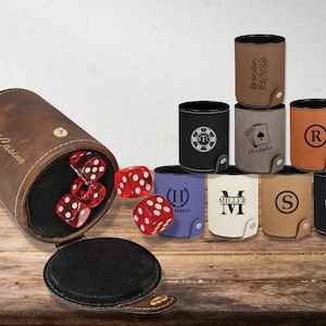Leatherette Dice Cup with 5 Dice, Custom Engraved Personalized Cup and Dice Set