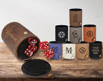 Leatherette Dice Cup with 5 Dice, Custom Engraved Personalized Cup and Dice Set