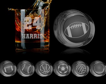 Sports Football Basketball Baseball Bottom Engraved Personalized Whiskey Glass, Rocks Glass, Scotch Glass, Low Ball Glass, Bourbon Glass