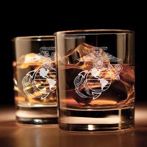 USMC Marine EGA Engraved Whiskey Glass, Rocks Glass, Scotch Glass, Low Ball Glass, Old Fashioned Bourbon Glass