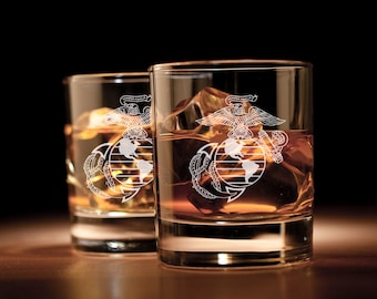 USMC Marine EGA Engraved Whiskey Glass, Rocks Glass, Scotch Glass, Low Ball Glass, Old Fashioned Bourbon Glass