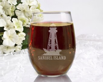 Sanibel Island Lighthouse Stemless Wine Glass, Personalized Gift