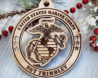 USMC Personalized Wooden Christmas Tree Ornament, Marine Corps Gifts