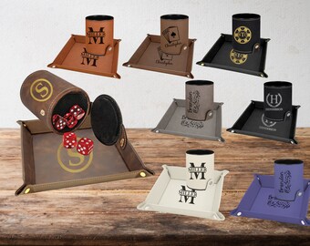 Leatherette Dice Cup and Snapping Tray, Custom Engraved Personalized Cup, Dice, and Tray Set