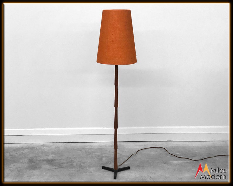 Sold 60s Mid Century Danish Modern Torim Lites Tall Teak Floor Lamp W Orange Shade
