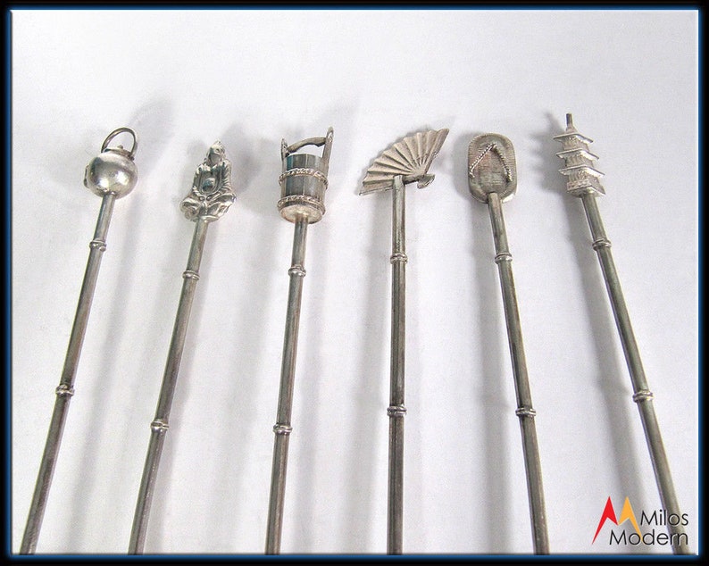 6 Figural Cocktail Spoons Bamboo Design Chinese Sterling Silver Export