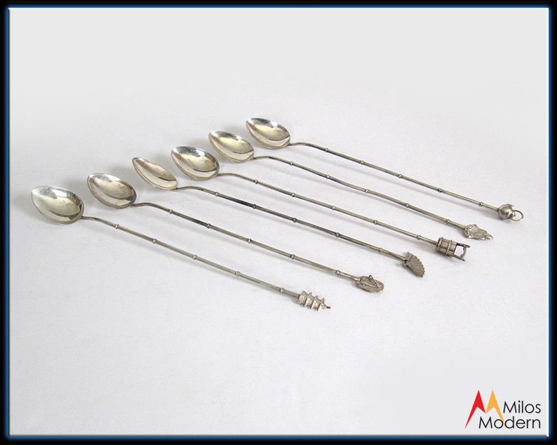 6 Figural Cocktail Spoons Bamboo Design Chinese Sterling Silver Export