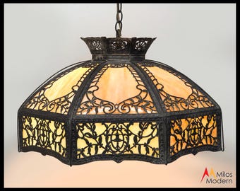 1900s Arts & Crafts Amber Green Slag Glass Ceiling Light Fixture Lamp Chandelier