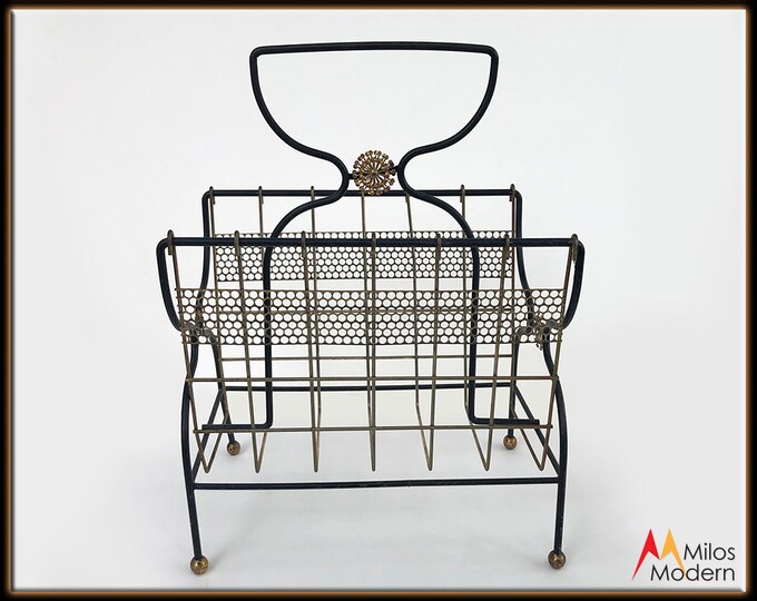 60s Mid Century Modern Black & Gold Metal Magazine Rack Holder Stand W ...