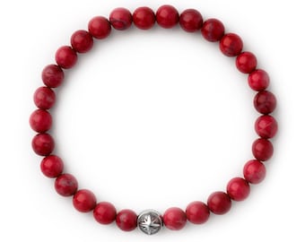 Red Howlite Natural Gemstone Beaded Bracelet with Silver or Gold Compass Bead - Voyager bracelet by Dowling Brothers