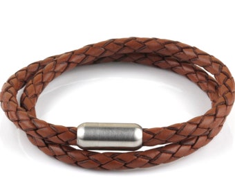 Brown Leather Bracelet Double Wrap Cuff Matte Stainless Steel