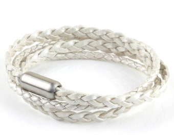 Womens Metalic Pearl White Double Wrap Braided Woven Leather Stainless Steel Bracelet Cuff