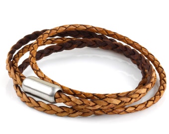 Womens Mocha Brown Double Wrap Braided Woven Leather Stainless Steel Bracelet Cuff