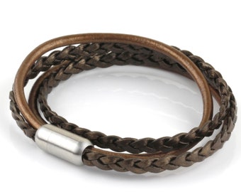 Womens Metallic Bronze Double Wrap Braided Woven Leather Stainless Steel Bracelet Cuff