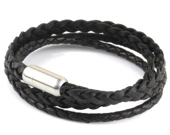 Womens Black Double Wrap Braided Woven Leather Stainless Steel Bracelet Cuff