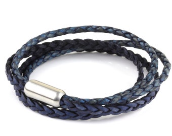 Womens Antique Navy Denim Double Wrap Braided Woven Leather Stainless Steel Bracelet Cuff