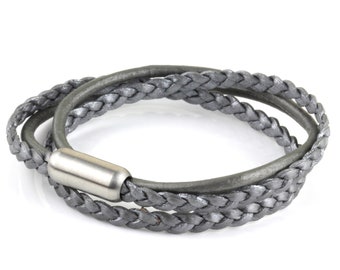 Womens Metallic Silver Double Wrap Braided Woven Leather Stainless Steel Bracelet Cuff