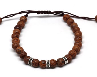 Tibetan Wood Bead Bracelet with Silver Accents