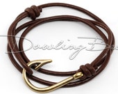 Bronze Fish Hook Bracelet on Chocolate Brown Leather Cord