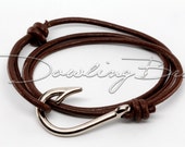 Silver Fish Hook Bracelet on Chocolate Leather Cord