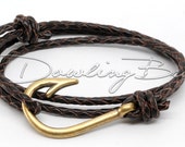 Bronze Fish Hook Bracelet on Chocolate Dark Brown Braided Leather Cord
