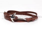 Nautical Anchor Bracelet on Chocolate Leather for Men or Women