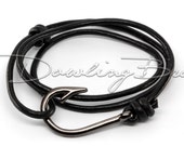 Gunmetal Fish Hook Bracelet on Black Leather Cord