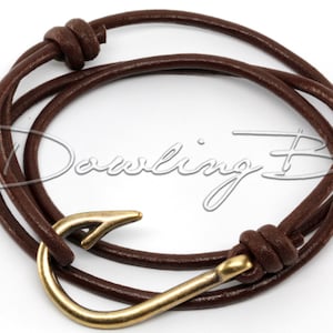 Bronze Fish Hook Bracelet on Chocolate Brown Leather Cord