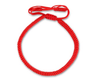 May include: A red braided string bracelet with a knotted closure.