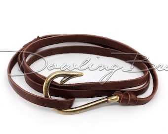 Chocolate Brown Genuine Leather Bronze Fish Hook Bracelet