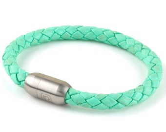 Mint Green Single Wrap Leather Cuff Bracelet with Stainless Steel Clasp for Men or Women